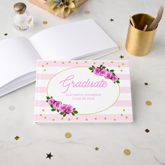 Pink Roses Striped Graduation Brunch Gästebuch (Vorderseite Offen)