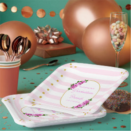 Pink Roses Striped Graduation Brunch Pappteller