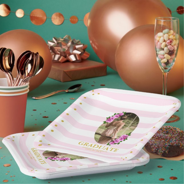 Pink Roses Striped Graduation Brunch Pappteller (Multi)