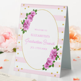 Pink Roses Striped Graduation Brunch Tischaufsteller