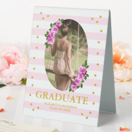 Pink Roses Striped Graduation Brunch Tischaufsteller