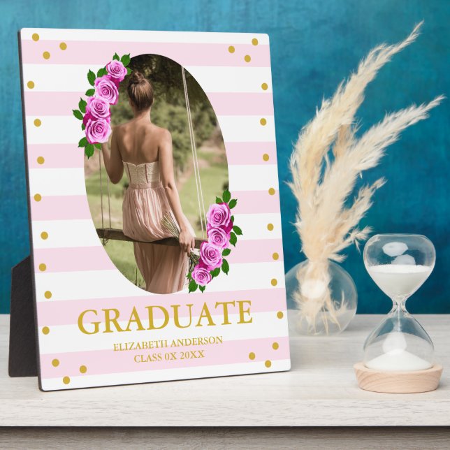 Pink Roses Striped Graduation Fotoplatte (Seite)