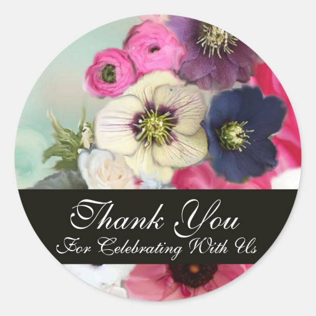 PINK ROSES UND ANEMONE BLUME BRAUTPARTY RUNDER AUFKLEBER (Vorderseite)