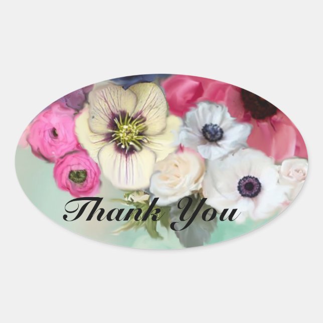 PINK ROSES UND ANEMONE BLUME Vielen Dank Ovaler Aufkleber (Vorderseite)