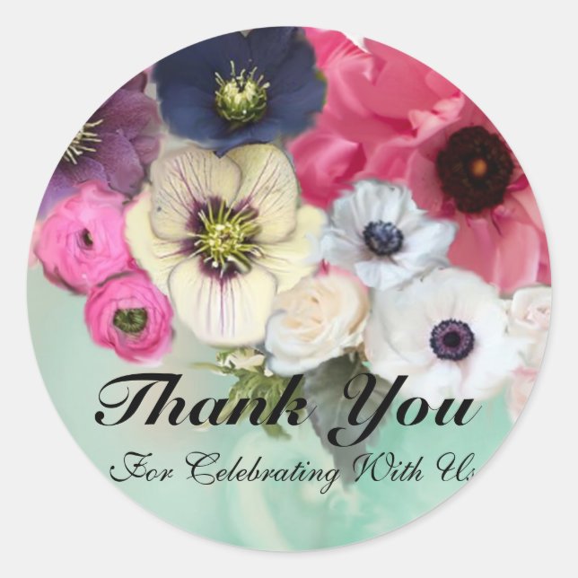 PINK ROSES UND ANEMONE BLUME Vielen Dank Runder Aufkleber (Vorderseite)