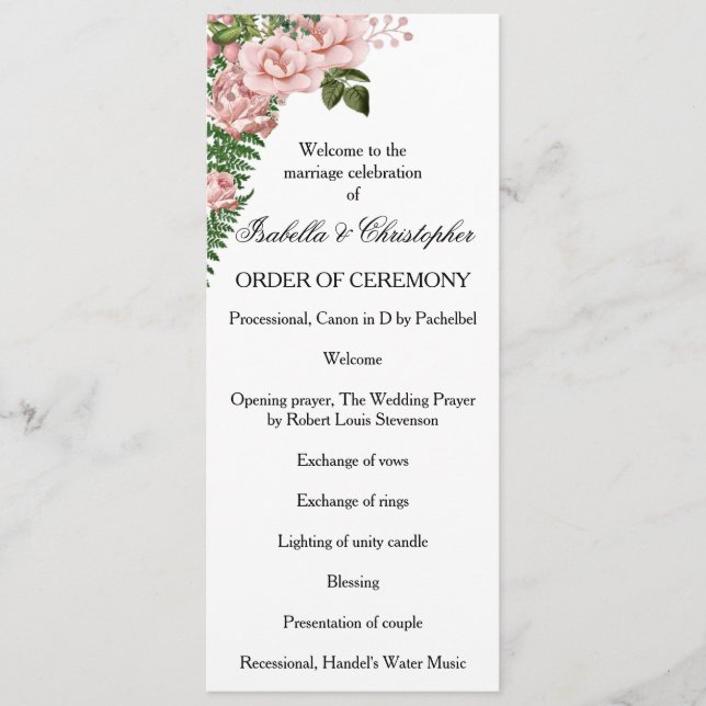 Pink Roses und Ferns Wedding Programm (Vorderseite)