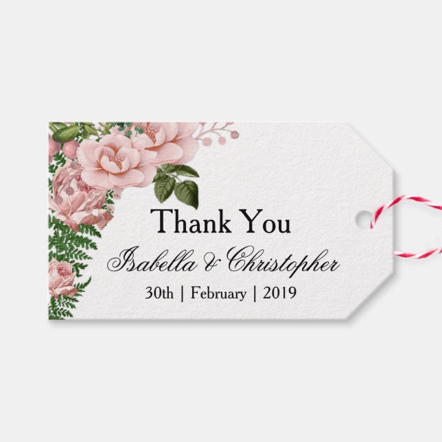 Pink Roses und Ferns Wedding Vielen Dank Geschenkanhänger (Vorderseite (Horizontal))