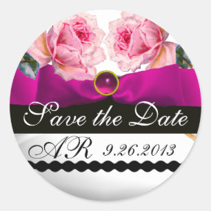 PINK ROSES UND FUCHSIA RIBBON MONOGRAMM RUNDER AUFKLEBER