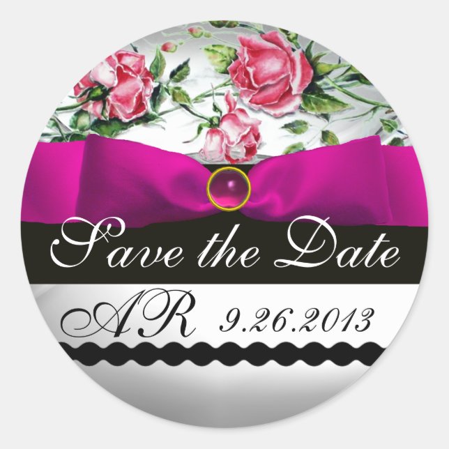 PINK ROSES UND FUCHSIA RIBBON MONOGRAMM RUNDER AUFKLEBER (Vorderseite)