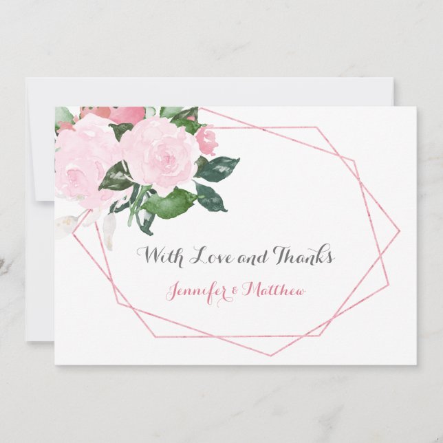 Pink Roses und Greenery Geometric Flat Vielen Dank Dankeskarte (Vorderseite)