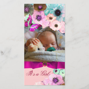 PINK ROSES UND SCHALTFLÄCHE NEUE BABY FOTOVORLAGE ANKÜNDIGUNG