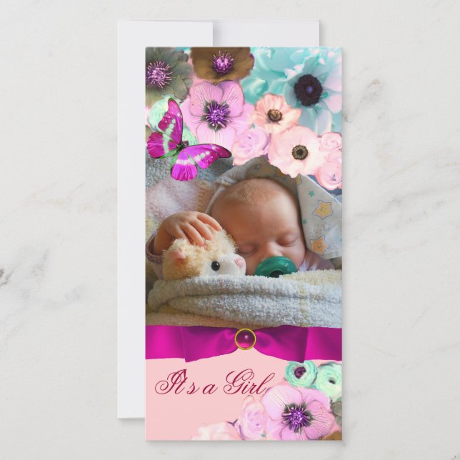 PINK ROSES UND SCHALTFLÄCHE NEUE BABY FOTOVORLAGE ANKÜNDIGUNG (Vorderseite)