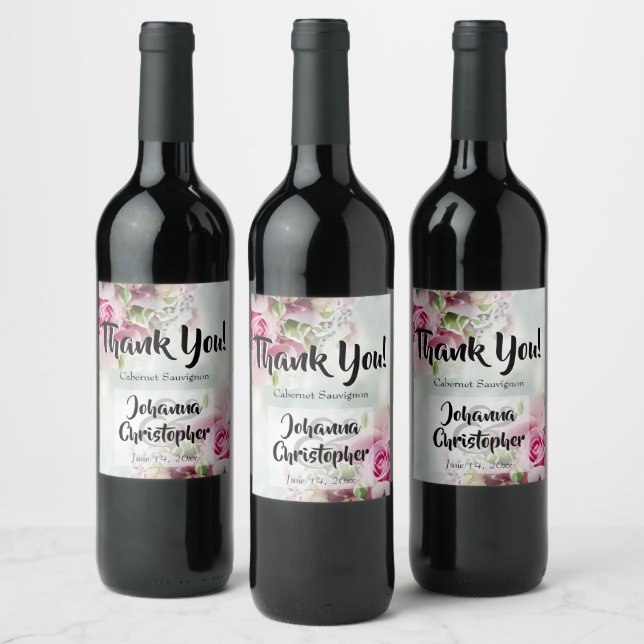 Pink Roses Wedding Wein Flasche Label Danke Weinetikett (Flaschen)