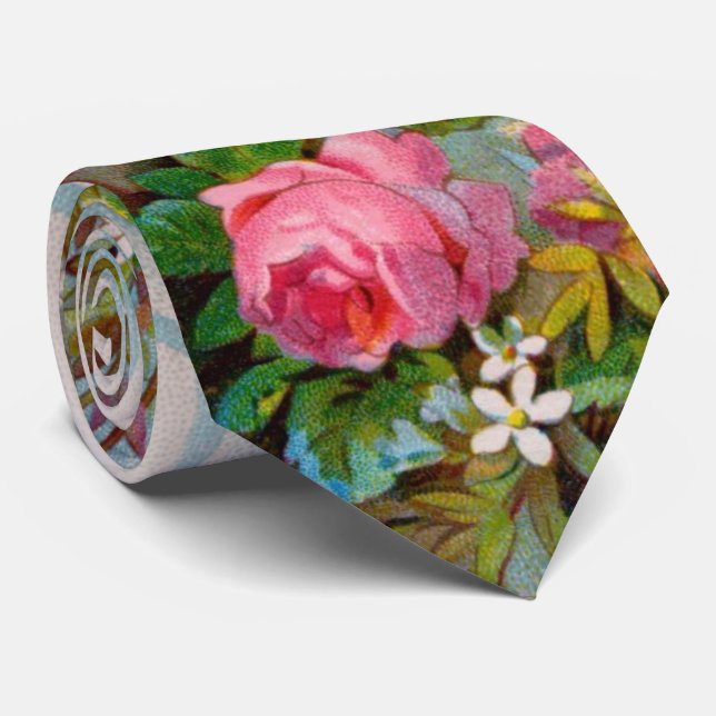 PINK ROSES, WEISSE JASMINEN, GRÜNE BLÄTTER Blumenk Krawatte (Gerollt)