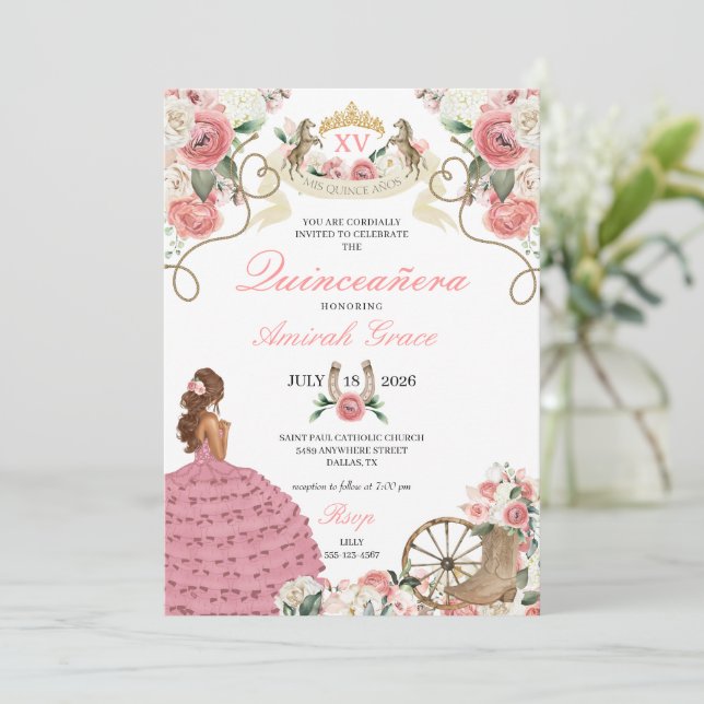 Pink Roses Western Charro Cowgirl Quinceañera Einladung (Stehend Vorderseite)