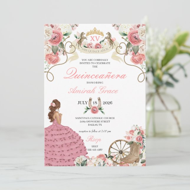 Pink Roses Western Charro Cowgirl Quinceañera Einladung (Stehend Vorderseite)