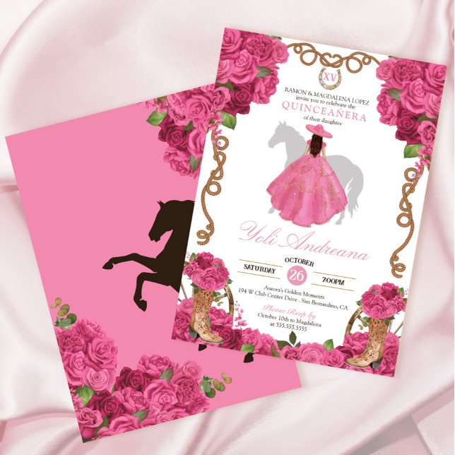 Pink Roses Western Charro Quinceañera Einladung (Von Creator hochgeladen)