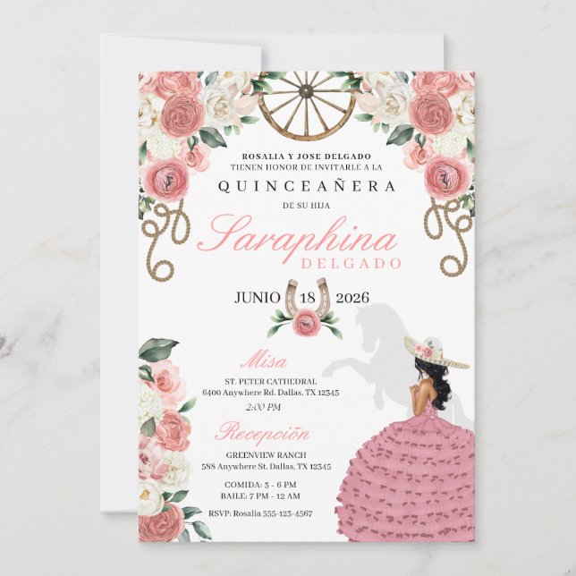 Pink Roses Western Mariachi Cowgirl Quinceañera Einladung (Vorderseite)