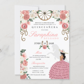 Pink Roses Western Mariachi Cowgirl Quinceañera Einladung