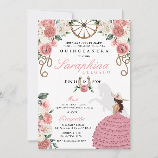 Pink Roses Western Mariachi Cowgirl Quinceañera Einladung (Vorderseite)