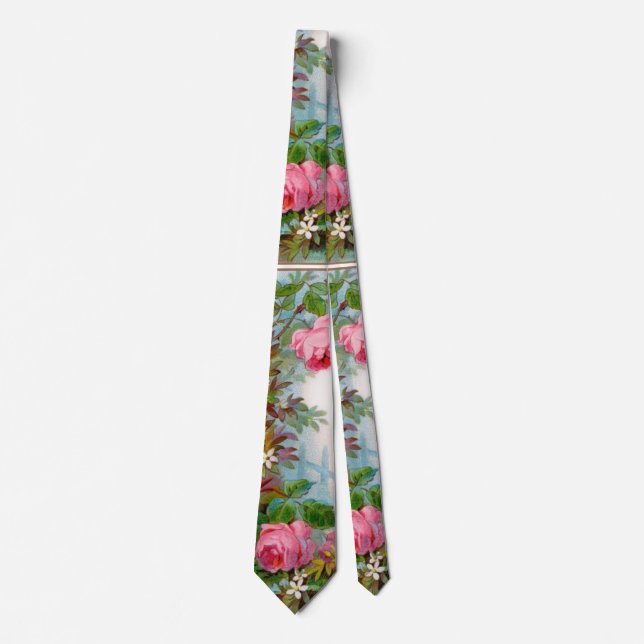 PINK ROSES, WHITE JASMINES,GREEN LEAVES Floral Krawatte (Vorderseite)