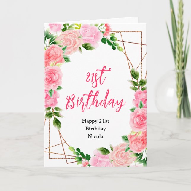 Pink Roses with Foliage Birthday Karte (Vorderseite)