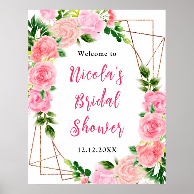 Pink Roses with Foliage Bridal Shower Welcome Poster (Vorne)
