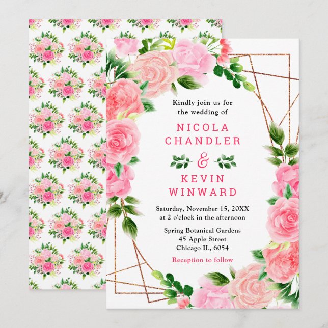 Pink Roses with Foliage Wedding Einladung (Vorne/Hinten)