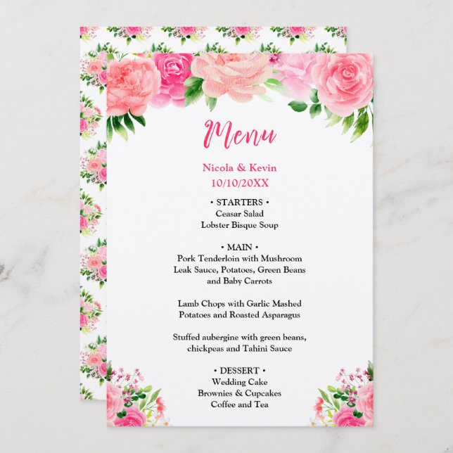 Pink Roses with Foliage Wedding Menu (Devant / Derrière)