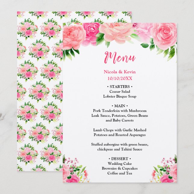 Pink Roses with Foliage Wedding Menu Menükarte (Vorne/Hinten)