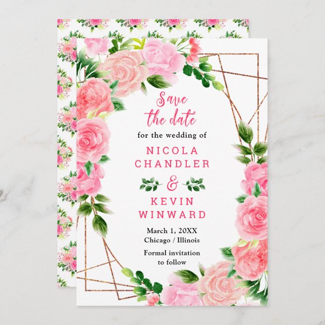 Pink Roses with Foliage Wedding Save The Date (Vorne/Hinten)