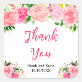 Pink Roses with Foliage Wedding Thank You Quadratischer Aufkleber