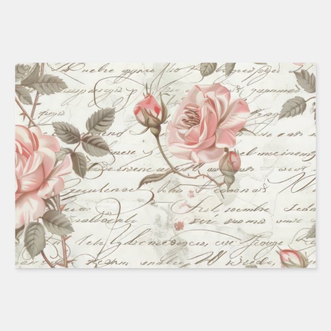 Pink Roses Wrapping Paper Geschenkpapier Set (Vorderseite)