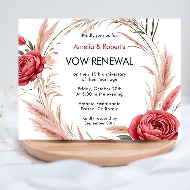 Pink Rote Rose Boho Pampas Vow Renewal Einladung (Von Creator hochgeladen)