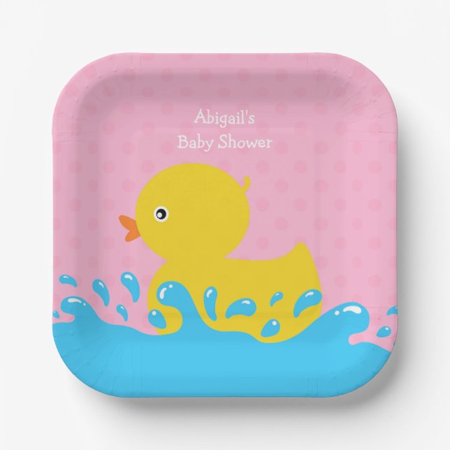 Pink Rubber Duck Polka Dot Baby Dusche Pappteller (Vorderseite)
