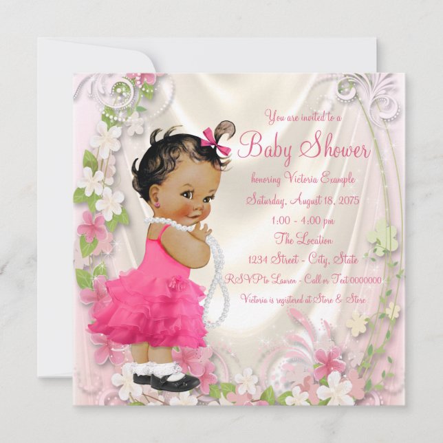 Pink Ruffle Dress Pearls Ethnic Girl Baby Dusche Einladung (Vorderseite)