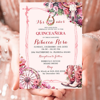 Pink Rustic Boho Western Charra Theme Quinceanera Einladung