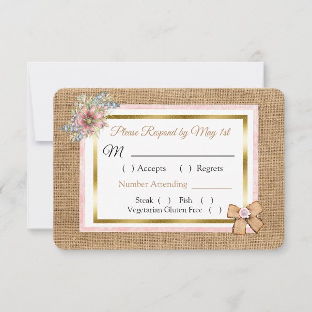 PInk Rustic Burlap Floral Wedding Carte RSVP (Devant)