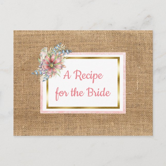 PInk Rustic Burlap Floral Wedding Rezept Card Postkarte (Vorderseite)