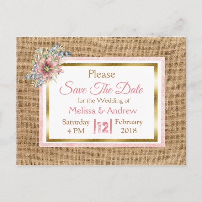 PInk Rustic Burlap Floral Wedding Save the Date Ankündigungspostkarte (Vorderseite)