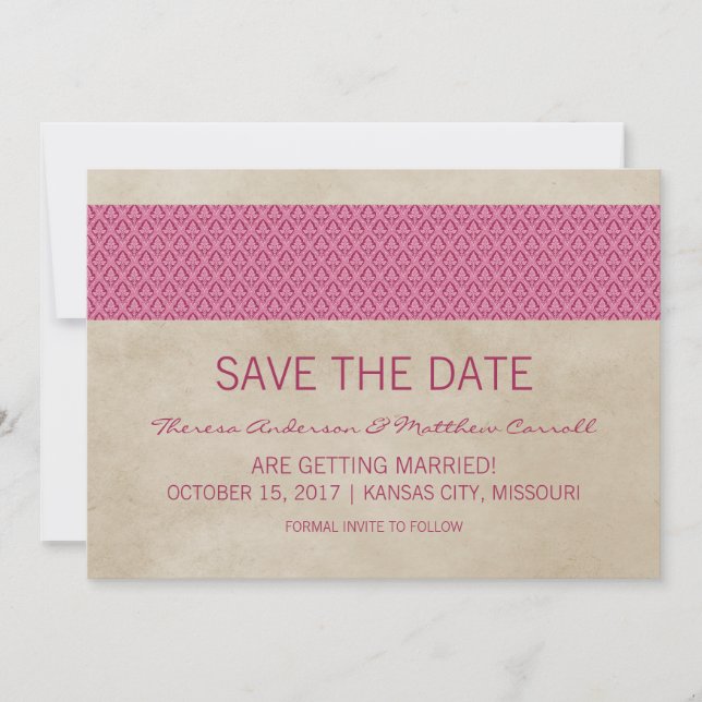 Pink Rustic Damask Save the Date einladen Einladung (Vorderseite)