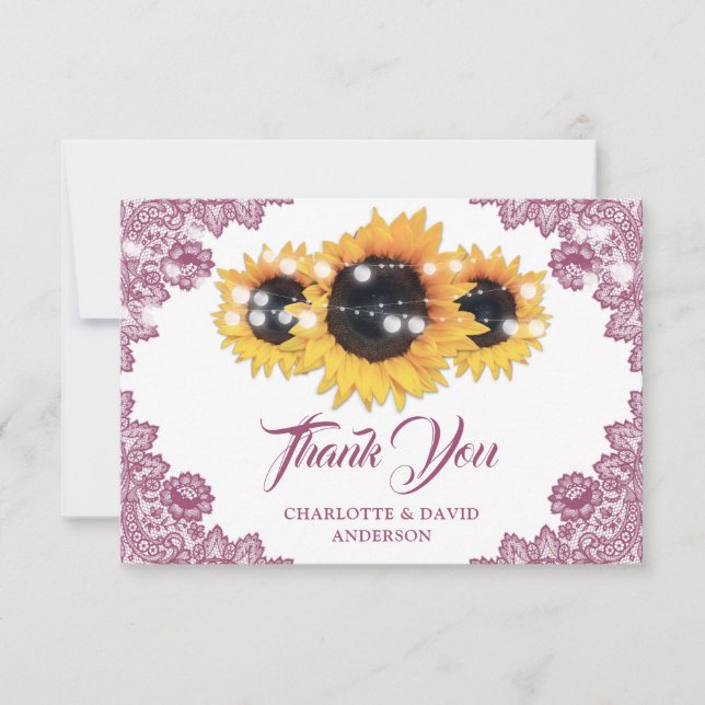 Pink Rustic Floral Lace Sunflower Wedding Dankeskarte (Vorderseite)