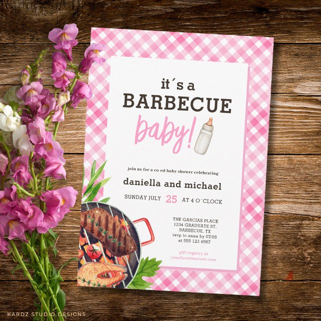 Pink Rustic Gingham Barbecue Baby Shower Einladung (Front of the invitation is shown in 5x7-inch. Choose size, paper, and corner style.)