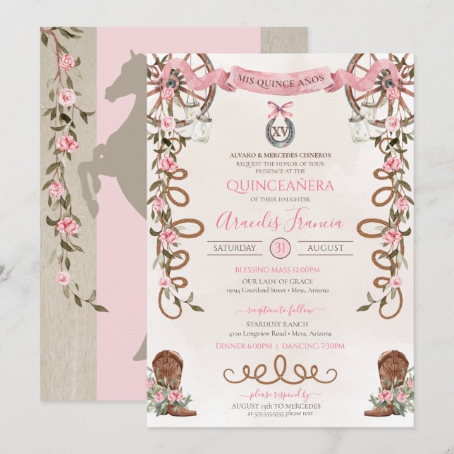 Pink Rustikaler Boho Western Charra Quinceanera Einladung (Vorne/Hinten)