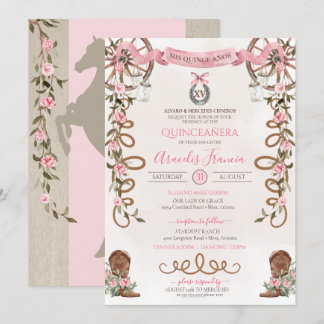 Pink Rustikaler Boho Western Charra Quinceanera Einladung