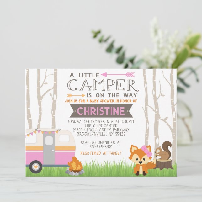 Pink RV Camper Woodland Forest Animals Kinderdusch Einladung (Stehend Vorderseite)