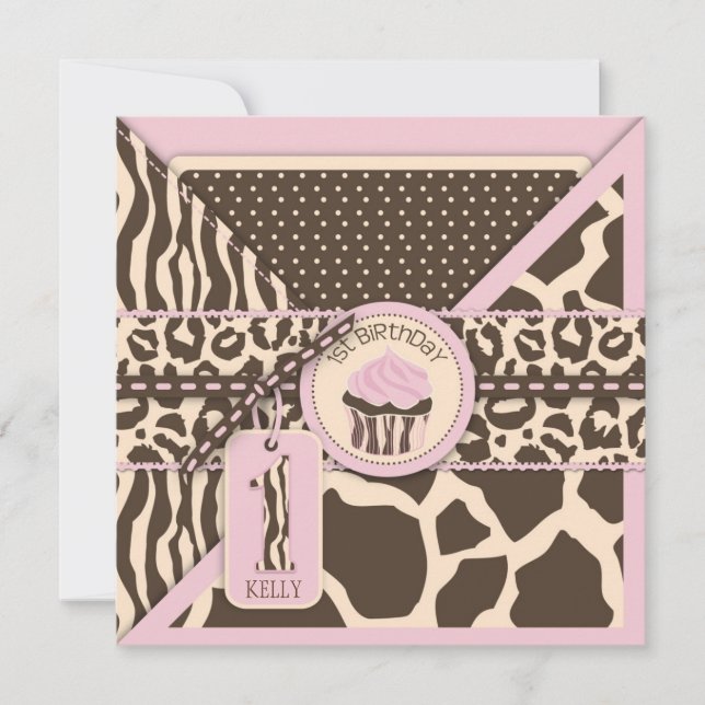 Pink Safari Animal Print & Cupcake First Einladung (Vorderseite)