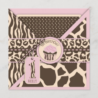 Pink Safari Animal Print & Cupcake First Einladung