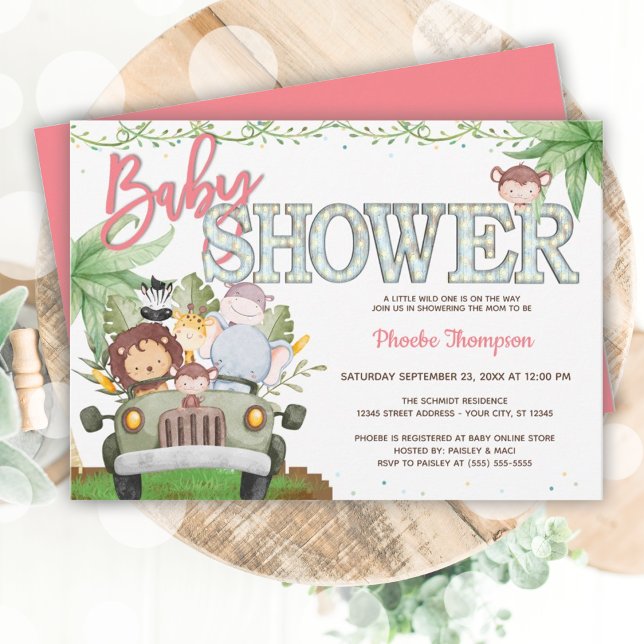 Pink Safari Animals Baby Dusche Einladung (Pink Safari Animals Baby Shower Invitation)