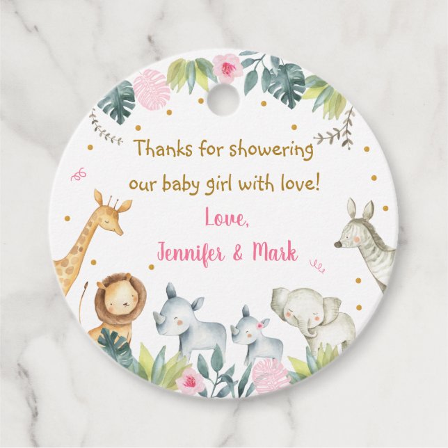 Pink Safari Jungle Baby Dusche Danke Geschenkanhänger (Vorderseite)